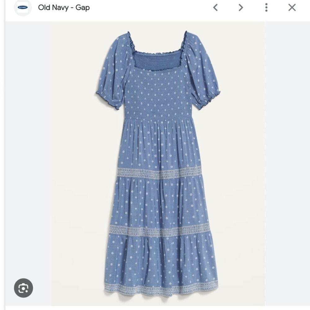Old Navy Puff-Sleeve Smocked Printed Embroidered Fit & Flare Chambray Midi Dress